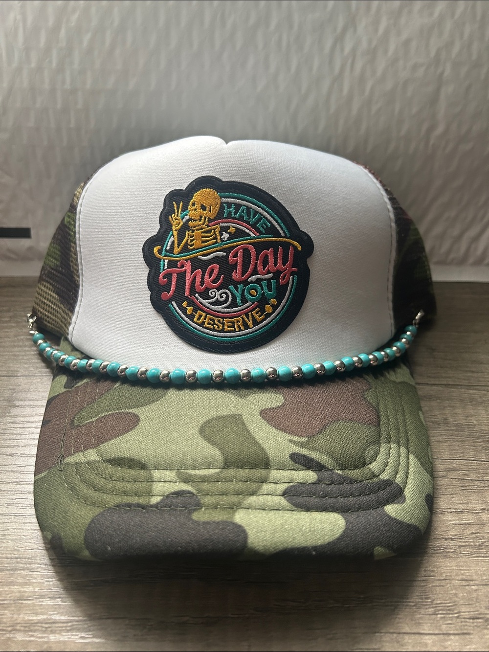 Camo & White Embroidered Trucker Hat with Turquoise Bead Trim